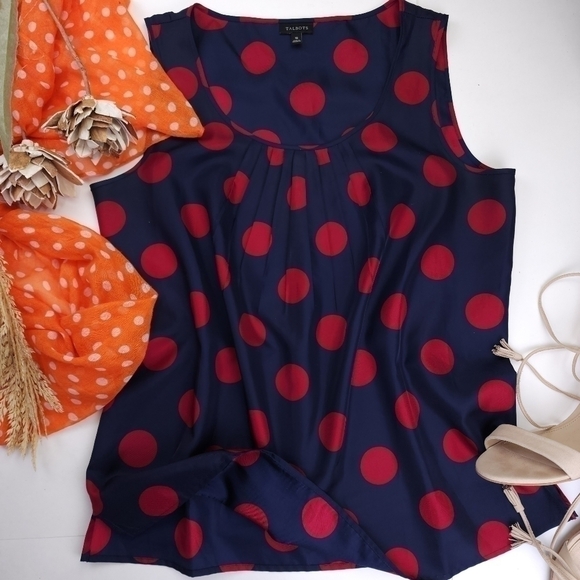 TALBOTS  Navy Red Polka Dot Pleated Sleeveless Polka Top Sz 10 - Picture 5 of 7